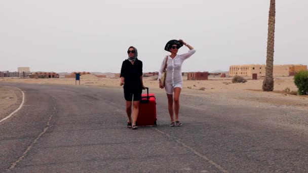 Две веселые девушки-туристки в очках идут по дороге с большим красным чемоданом, мчась в отель — стоковое видео