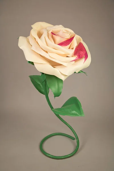 White natural color handmade rose on a light brown background, close-up.