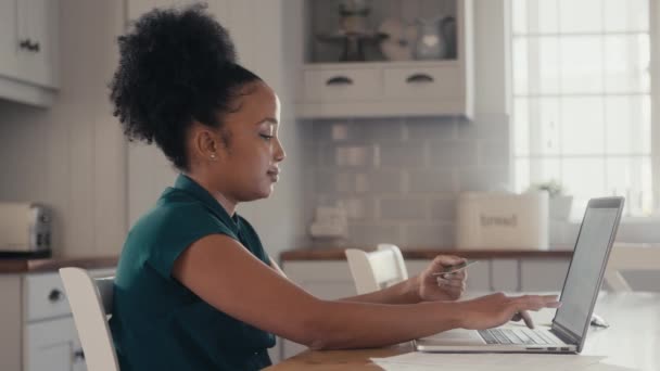 Una mujer de compras en línea utilizando su ordenador portátil — Vídeos de Stock