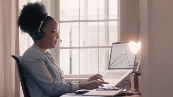 Mujer de negocios usando un ordenador portátil y auriculares en su oficina — Vídeos de Stock