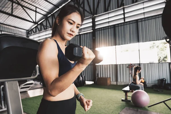 Fitness girl lifting dumbbell en el gimnasio, mujer asiática entrenamiento en la mañana. — Foto de Stock