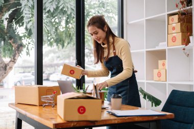 Genç Asyalı kadın eve nakliye siparişini kontrol ediyor, iş sahibi kadın internet üzerinden iş kuruyor, KOBİ, Teslimat projesi, Çevrimiçi iş veya KOBİ konsepti olan kadın.