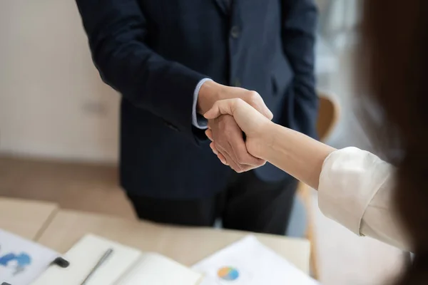 Business asian agreement and successful negotiation concept, businessman in suit shake hand with customer, client after formal communication and contract deal success — Stock Photo, Image
