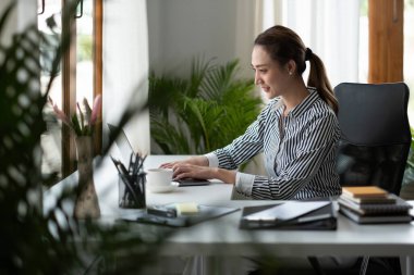 Ofisteki muhasebe için dizüstü bilgisayarda çalışan Asyalı iş kadını.
