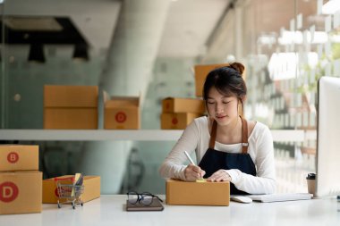 Kuruluş KOBİ küçük girişimci serbest Asyalı kadın kutu ile bir laptop kullanarak neşeli başarı çevrimiçi pazarlama paketleme kutusu ve teslimat fikri konsepti.