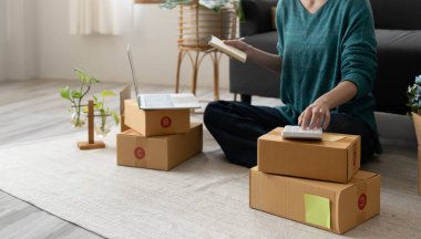 Girişimci elinde kalemle hesap makinesi kullanıyor, ev ofisinin mali giderlerini hesaplıyor, çevrimiçi pazar paketleme kutusu teslimatı, başlangıçta başarılı küçük işletme sahibi KME, konsept