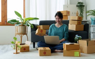 Küçük işletme girişimciliğine başlamak, yurt içinde çalışan Portre genç kadın, BOX, akıllı telefon, dizüstü bilgisayar, çevrimiçi, pazarlama, ambalaj, b2b, KME, e-ticaret kavramı