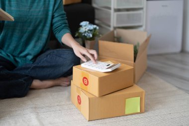 Girişimci elinde kalemle hesap makinesi kullanıyor, ev ofisinin mali giderlerini hesaplıyor, çevrimiçi pazar paketleme kutusu teslimatı, başlangıçta başarılı küçük işletme sahibi KME, konsept