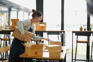 Başlangıçta küçük işletme KOBİ 'si, laptop kullanan girişimci paket ürün kutusu hazırlamak için online alışveriş siparişi alıyor ve kontrol ediyor. Çevrimiçi fikirler satılıyor