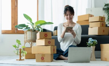 İş yerinde bilgisayarla çalışan küçük bir işletme sahibi. Serbest kadın satıcı ürün siparişini kontrol ediyor. Müşteriye teslimat için mal paketliyorum. Çevrimiçi satış. E-ticaret