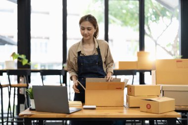 Başlangıçta KME küçük işletme girişimcisi KME ya da kutulu, çevrimiçi pazarlama paketleme kutusu ve teslimatı olan bir laptop kullanan serbest çalışan Asyalı kadın, KOBİ kavramı