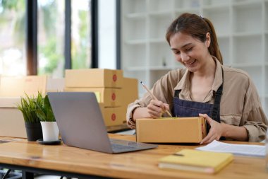 Genç gülümseyen güzel sahibi Asyalı kadın serbest meslek edinmiş dizüstü bilgisayarla evde paket kutusuyla alışveriş yapıyor - KOBİ işi online ve teslimat kavramı