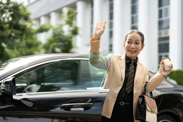 Friendly Asian Senior Lady Saying Waving Hand Greeting You Happy — Stock Photo, Image