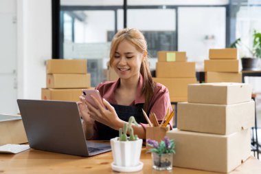 Başlangıçta küçük işletme girişimcisi KOBİ serbest kadın cep telefonuyla çalışıyor, genç Asyalı sahibi bilgisayar kullanıyor, çevrimiçi pazar paketleme kutusu dağıtımı, KOBİ e-ticaret tele pazarlama kavramı.