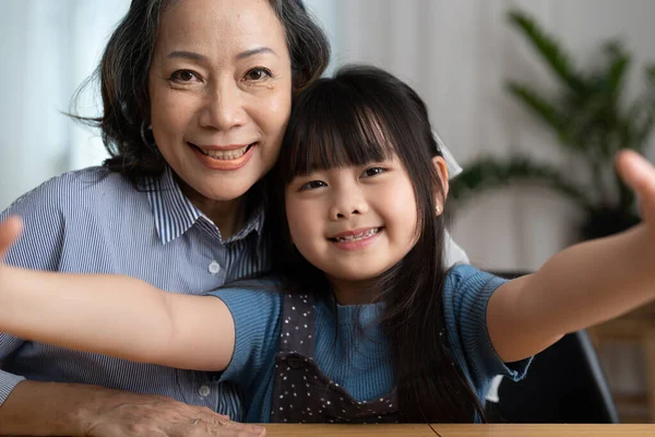 Close Portrait Joyful Happy Elderly Grandmother Taking Selfie Her Adorable — Stock Photo, Image