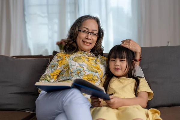 Mutlu Asyalı Büyükanne Torununa Kitap Okuyor — Stok fotoğraf