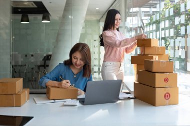 Kanepede oturan Asyalı iş kadını dizüstü bilgisayar kullanarak müşteri siparişlerini kontrol ediyor. KOBİ Küçük Girişimci Serbest Girişimciliği başlatılıyor. Çevrimiçi iş, KOBİ Ev konsepti.