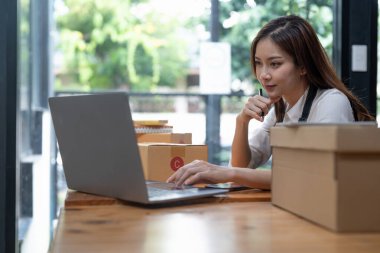 Confident young businesswoman working at online business store. Small business owner at her work desk