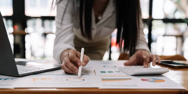 Woman Accountant Using Calculator Laptop Computer Office Businessman Working Home — Stockfoto