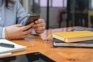 Woman using mobile phone. Smiling young female using app shopping online.