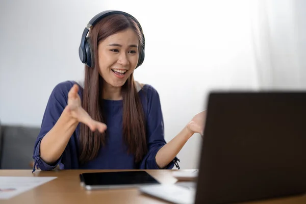 Happy Positive Young Asian Woman Enjoying Online Communication Home Female — Stockfoto