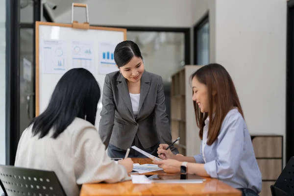 Group Young Asian Business People Stand Talk Consult Discuss Working — Stock Photo, Image