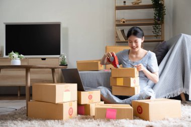 Genç girişim küçük girişimci kadın paket paketleme posta kutusu teslimat paketi, çevrimiçi iş, dış ticaret ve teslim kavramı.
