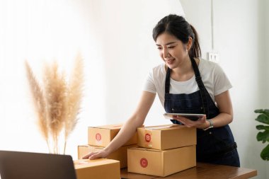 Küçük işletmeler kurmak KOBİ 'nin kadın girişimcileri tablet kullanarak, kutu paketlemek, müşterilere satmak, çevrimiçi iş fikirleri hazırlamak ve çevrimiçi siparişleri gözden geçirmek
