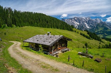 Hochkoenig sıradağlarının önündeki geleneksel dağ kulübesi Maria Alm, Dienten, Salzburg, Avusturya