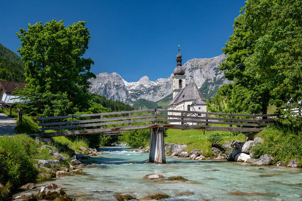 Idyllic St. Sebastian Church in Ramsau in summer, Bavaria, Germany