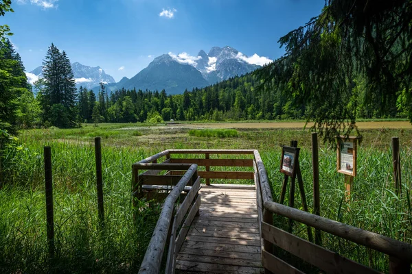 View from a viewing platform over the idyllic Taubensee towards the Hochkalter mountain range, Ramsau in summer, Bavaria, Germany — стоковое фото