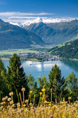Gemi Zell gölü üzerinde yelken açar Salzburger, Zell am See, Avusturya, Avrupa 'da yaz mevsiminde bir alp manzarasına bakın