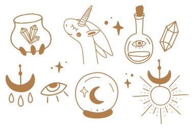 Kutsal cadı ve mistik semboller güneş, kristal, ay, göz, iksir şişesi, kristalli kazan, tek boynuzlu at, sihirli top.