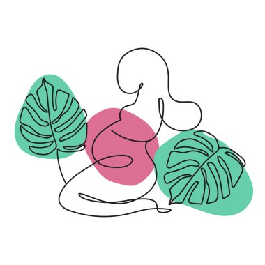 Bir satır sanat eseri. Canavar yapraklı hamile bir kadın. Anne yeni doğmuş bebeği bekliyor. Ana bakım konsepti. Güzel kadınsı tasarım.