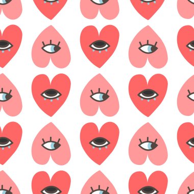 Göz desenli şirin bir karikatür kalp. Sevgililer Günü, aşk konsepti. Sarma, kırtasiye ve kumaş için tekrarlanabilir vektör tasarımı. Moda el yapımı kalpler..