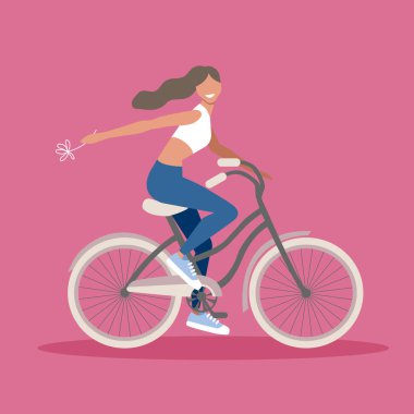 Elinde çiçekle bisikletli komik bir kız. Bisikletli sevimli, mutlu bir genç bayan. Moda renklerinde düz çizgi film vektör illüstrasyonu.