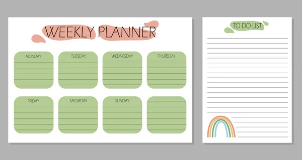 Planejador Semanal Fazer Lista Com Arco Íris Desenhos Animados Página — Vetor de Stock