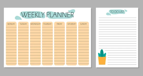 Weekly Planner List Cute Plant Template Page Doodle Hand Drawn — Stock Vector