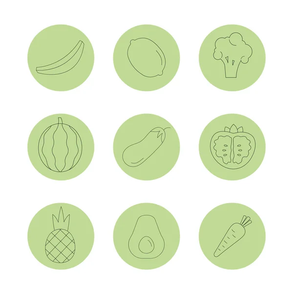 Set Fruit Icons Vegetables Vector Line Illustration — Stock Vector