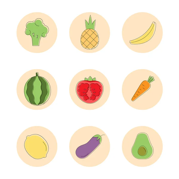 Uppsättning Frukt Ikoner Och Grönsaker Vektorillustration — Stock vektor