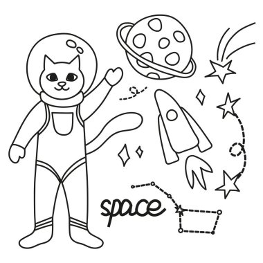 Kozmonot, asteroit, kuyruklu yıldız ve uzay nesnesi düz çizim kümesi. Gezegenlerdeki çizgi film karakteri kedi astronotları ve arka planda izole edilmiş yıldızlar. Boşluk kavramı.