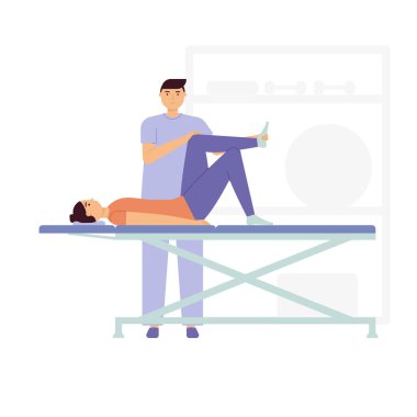 Hasta fizyoterapistle bacak egzersizi yapıyor. Beyaz arkaplanda izole edilmiş düz biçimdeki vektör rehabilitasyonu