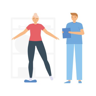 Fizyoterapistin gözetiminde dengeyi sağlamaya çalışan bir hasta. Beyaz arkaplanda izole edilmiş düz biçimdeki vektör rehabilitasyonu