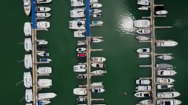 Motorboote Segelschiffe Und Katamarane Liegen Yachthafen Blick Von Oben — Stockvideo