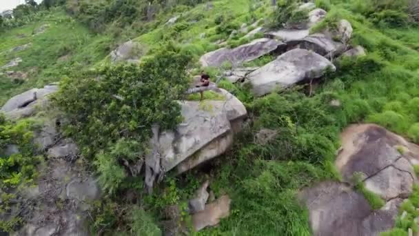 Guy Takes Selfie Using Drone Sitting High Mountain Sea — Wideo stockowe