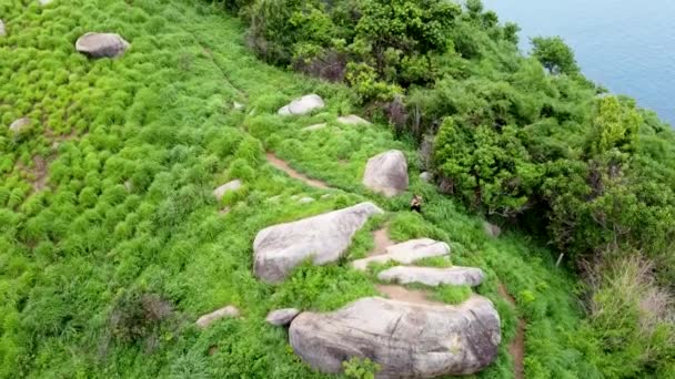 Girl Climbs High Mountain Tropics View Drone — Video Stock