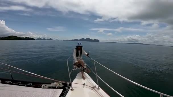 Thai Girl Posing Sitting Bow Sailing Catamaran Boat Trip — Stock Video