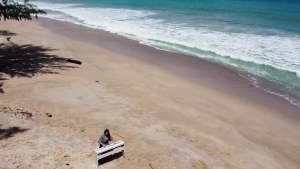 Женщина Пляже Притворяется Играет Пианино — стоковое видео