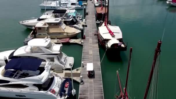 Ein Golfauto Fährt Dock Des Yachthafens Entlang Und Bringt Die — Stockvideo