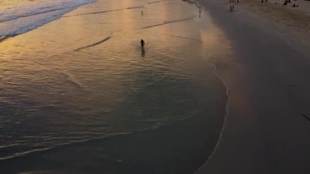 海岸の波 海岸は夕日の色で描かれ ドローンからの眺め — ストック動画
